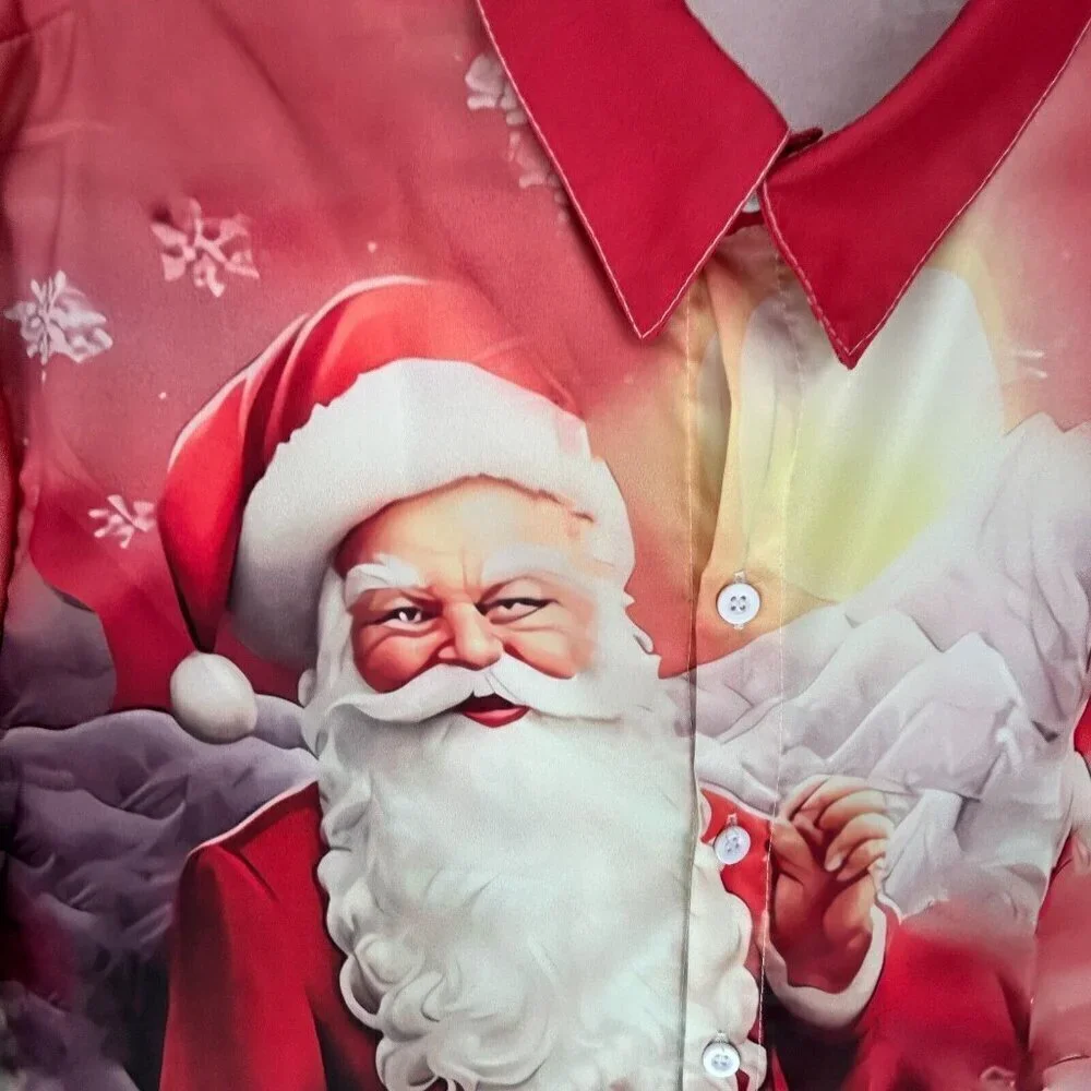 Santa Christmas Printed Polyester Long Sleeve Shirt Mens 3XL Holiday Party